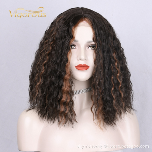 Swiss Lace Afro Deep Curly Closure Bob Short Mixed Black Brown Pre Plucked Synthetic Hair Wigs For Women Sale